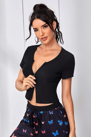 Angbutik Kadın Siyah Çift Fermuarlı Yarım Kol Crop Top Bluz