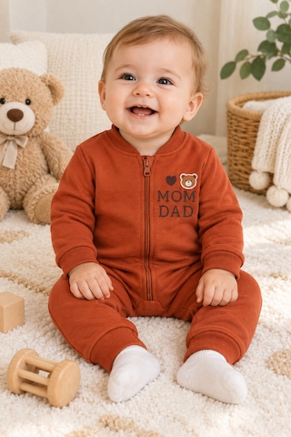 Beniizle Baskılı Unisex 3 İplik Şardonlu Fermuarlı Bebek Tulum Kiremit