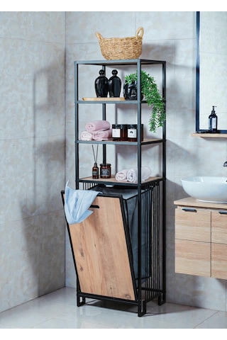 Dekoratif Kirli Sepetli Banyo Dolabı Ahşap Raflı Metal Gövdeli 4 Raflı Çamaşır Sepeti Banyo Düzenleyici Organizer Siyah