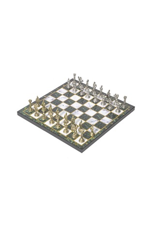 Lüks Metal Satranç Takımı Krom Kaplama Roma Ordusu Figür & Zümrüt Yeşili Mermer Desenli Tahta 20 Cm.