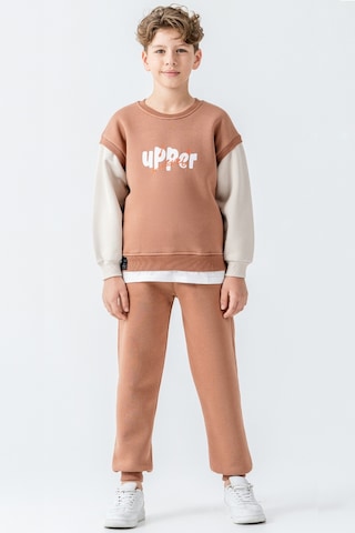 Erkek Çocuk Upper Baskılı 3 İplik Kalın Kışlık Eşofman Takımı Ak4231 Kahverengi