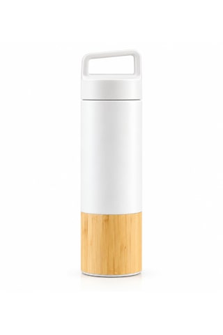 Beyaz & Bambu Detaylı Termos 600 Ml