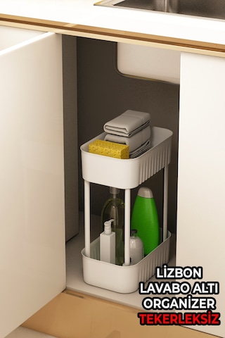 İndecor Houseware Lizbon Çok Amaçlı 2 Katlı Banyo Organizer Düzenleyici Dolap Içi Tezgah Altı Tekerleksiz Organizer Beyaz