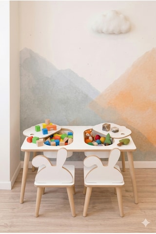 Montessori Çocuk Masası-oyun Masası-aktivite Masası-etkinlik Masası Takımı 2 Tavşan Sandalye Beyaztvsn Beyaz