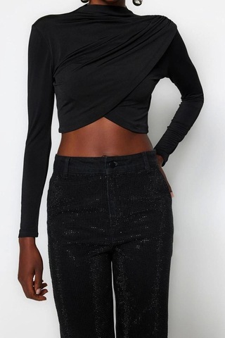 Ersefa Moda Dik Yaka Örme Slim Düz Desen Şık Gece Crop Uzun Kol Bluz siyah