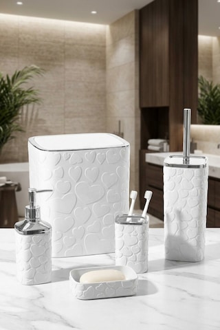 Makri Home 5 Parça Banyo Seti, Kalp Desenli, Beyaz Silver, Kare, Click Kapaklı, Hacim: 8 Litre Beyaz