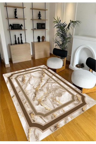 Krem Kahverengi Dijital Baskı Salon Halısı Kaymaz Tabanlı Yıkanabilir Halı Yolluk7 Kahverengi