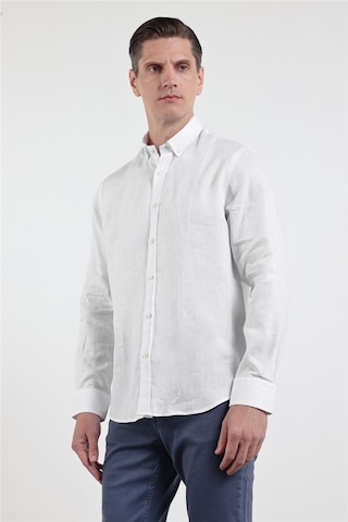 İmza Beyaz Keten Düğmeli Yaka Uzun Kol Cepsiz Slim Fit Keten Gömlek 1004260161 M