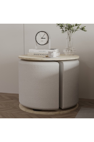 Vexana Puflu Yan Sehpa Saklanabilir Puflu Servis Sehpası Traverten Desen