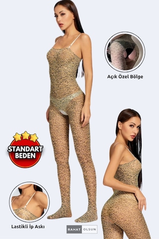 Korse Etkili Leopar Desen İp Askılı Açık Vücut Çorabı