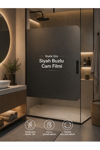 Deconitte Statik Düz Siyah Buzlu Cam Filmi 60x100 Cm Yapışkansız Mahremiyet Sağlayan Dekoratif Cam Kaplama, Kumlama