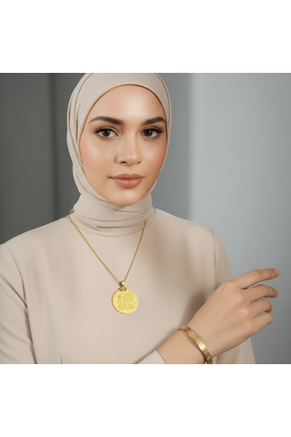 Çoklu Dua Kolye Ve Ayetel Kürsi Bileklik Seti Gold Çelik Şık Takı Seti Altın