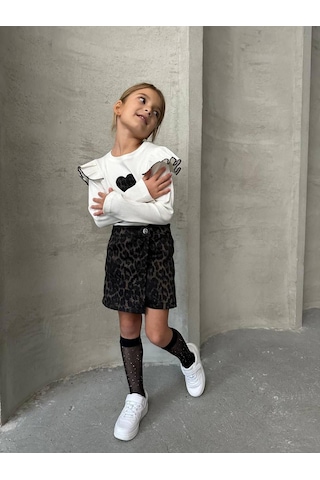 Bellamio Kids Leoparlı Şort Etekli Kız Çocuk Takımı Ekru - Siyah