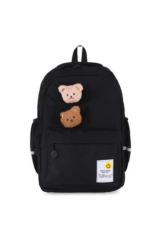 Young İki Ayıcık Maskotlu Siyah Okul Çantası Sırt Çantası Spor Çantası 51666 Desenli