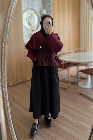 Kahijab Gold Düğme Kolları Kaşe Trençkot - Bordo