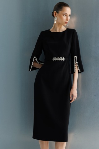 Moda İlgi Kadın Kolları Yırtmaçlı İncili Aksesuarlı Beli Kemerli Elbise 0031 Siyah