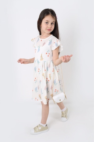 Aden Kids Kız Çocuk Kuçük Çiçek Desenli Krep Kumaş Elbise Çanta Hediyeli - 2-8 Yaş, Günlük Ve Bayramlık Açık Sarı