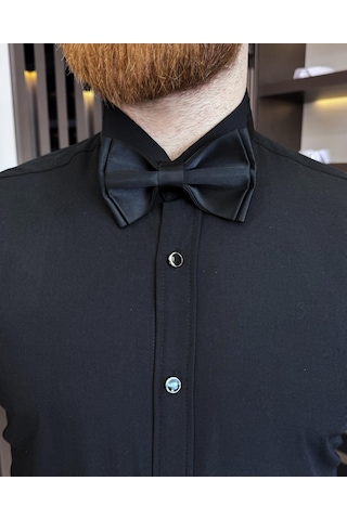 İtalyan Kesim Slim Fit Damatlık Ata Yaka Erkek Gömlek Siyah T7526-siyah Siyah