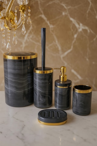 Makri Home Banyo Seti 5'li,akrilik-çöpkovası,wc Fırçalık,sıvı Sabunluk,diş Fırçalık,el Sabunluk,gold Renk Detay Gri
