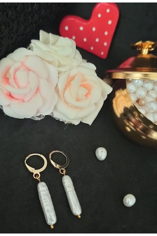 24k Altın Kaplama Eşsiz Uzun Gerçek İnci Tasarım Zarif Küpe Beyaz Gold