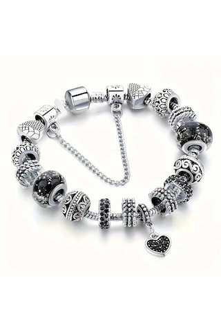 Worldshop Kalp Aşk Temalı Siyah Charm Bileklik