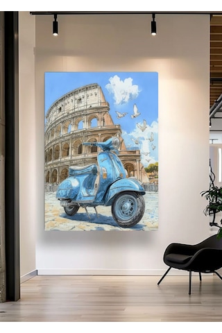 Roma Kolezyum Ve Mavi Vespa Çizim Tasarımlı Kanvas Tablo, Retro İtalya Seyahat Temalı