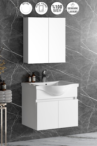 Yıldız 65 Cm Beyaz Mdf Seramik Lavabolu Asma Banyo Dolabı Takımı Beyaz
