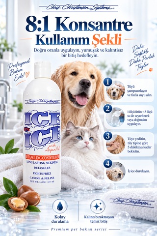 Chris Christensen Ice On Ice 8:1 Konsantre Kıtık Açıcı Kedi Köpek Tüy Kremi Kondisyoner 473 Ml