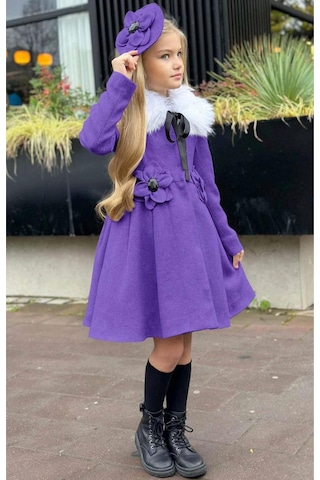 Riccotarz Kız Çocuk Kürk Yakalı Önü Çiçek Ve Elmas Taş Detaylı Mor Kaşe Mor