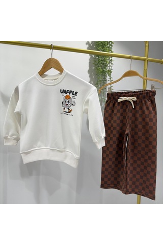 Waffle Baskılı Sweatshirt Ve Kahverengi Kareli Eşofman Alt Üst Takım Süper Kalite
