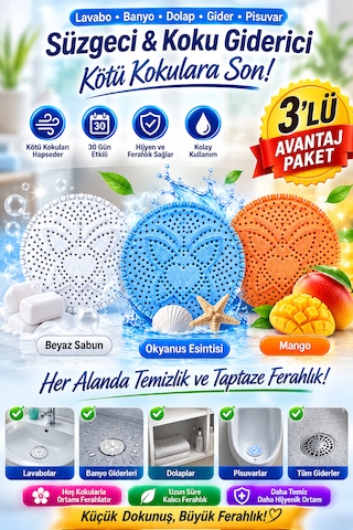 Mango Beyaz Sabun Ve Okyanus Kokulu 3 Adet Lavabo Banyo Dolap Gider Pisuvar Süzgeci Çekmece Koku Giderici
