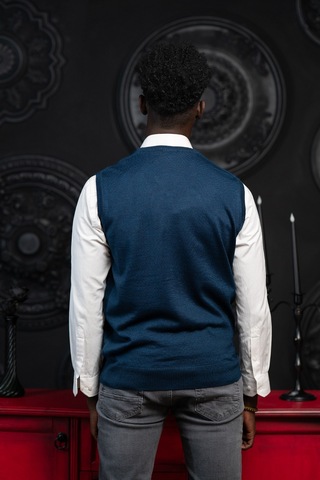 V Yaka Regular Fit Yünlü Kolsuz Triko Süveter İndigo