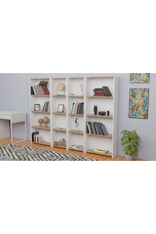 5 Raflı Kitaplık Seti 2 Dar 2 Geniş Raf Kütüphane Beyaz - A.çam