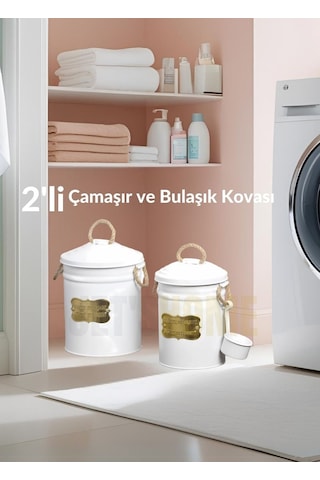2'li Set Deterjan Kovası Çamaşır Bulaşık Kutusu Ölçekli Galvaniz Metal Beyaz Beyaz