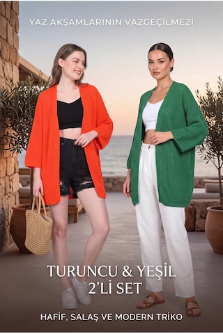 Liarca 2 Trend Renk Bir Arada Avantaj Paketi - Yarasa Kol İnce Triko Kadın Hırka Seti Salaş Mevsimlik H... Çok Renkli