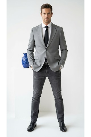 Plus Scorpion Erkek Blazer Ceket Twill Puntolu Kırlangıç Yaka 2 Düğmeli Çift Yırtmaçlı Slim Fit Açık Gri