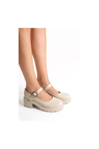 Alemdarshop K-708 Bej Kırışık Rugan Tokalı Yüksek Tabanlı Loafer Ayakkabı C.vizon