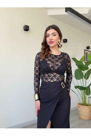 Duygudan Yüksek Bel Drapeli Siyah Midi Etek Yırtmaçlı Şık Ofis Eteği - Siyah