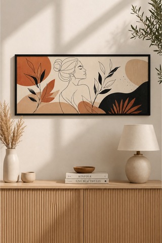 Modern Boho Line Art Soyut Kadın Figürlü Ahşap Tablo 25x60 Cm Siyah Çerçeveli Uv Baskı Duvar Dekoru