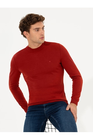 Cacharel Kiremit Slim Fit Çeyrek Balıkçı Yaka Basic Triko Kazak Kırmızı