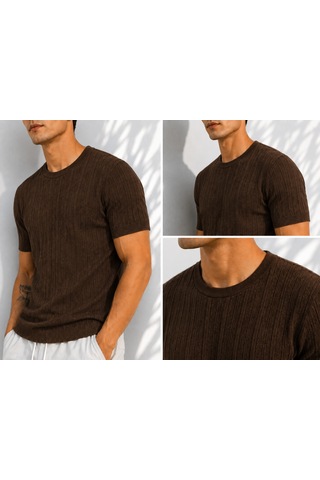 Ribana Erkek Bisiklet Yaka Kısa Kollu Esnek Örme Triko T-shirt 26091 Kahverengi