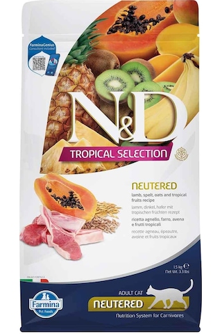 N&D Tropical Selection Düşük Tahıllı Kuzulu Tropikal Meyveli Kısırlaştırılmış Yetişkin Kedi Maması 1500 G N&D Tropical Selection Düşük Tahıllı Kuzulu Tropikal Meyveli Kısırlaştırılmış Yetişkin Kedi Maması 1500 G
