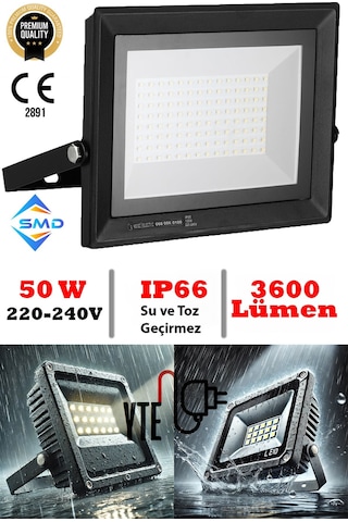 Led Projektör 50 W Beyaz İp 66 Su-toz Geçirmez 2200 Lm Smd Led Yüksek Işık
