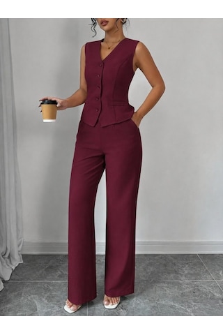 Efnaz Style Kadın Askılı Önden Düğmeli Bluz Ve Pantolon Keten Ikili Takım Bordo
