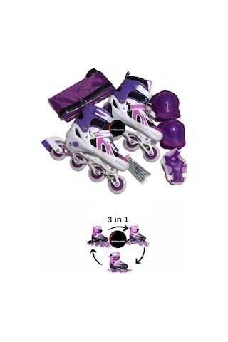 Işıklı Çocuk Pateni Silikon Ayarlanabilir Teker Metal Gövde Numaralı Ve Koruma Seti Mor