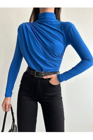 Kadın Büzgü Detaylı Dik Yaka Sandy Bluz Saks