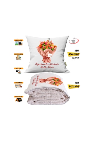 Öğretmenler Günü Hediyesi Buket Tv Battaniyeli Opsiyonel Dekoratif Yastık Kırlent 2in1 Battaniye Çok Renkli