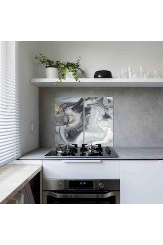 Dekoratif Cam Ocak Koruyucu ve Kesim Tablası Gri Altın Mermer 60c