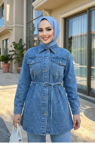 Hb Harma Time Butik Kadın Taş İşlemeli Açık Kot Mavi Tunik Pantolon İkili Takım Açık Mavi