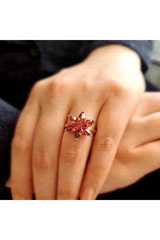 925 Ayar Gümüş Rose Kaplama Kırmızı Taşlı Lotus Çiçeği Kadın Yüzük Renkli